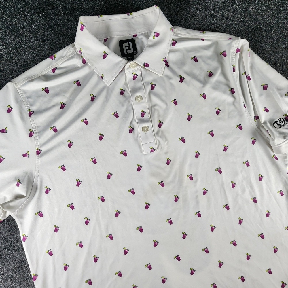 FootJoy Mens Large White Purple Cocktail Print Golf Polo Shirt Kiln Creek Golf